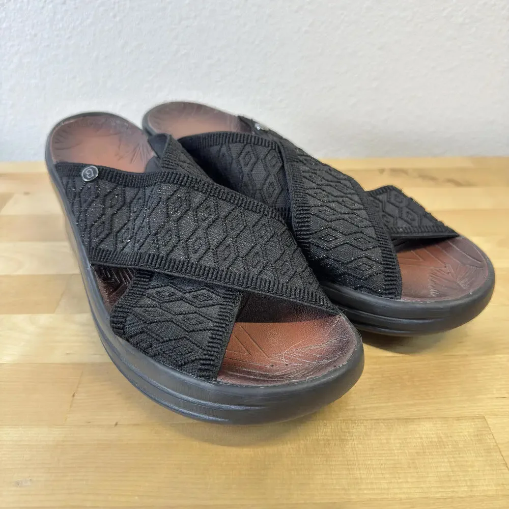 Bzees Desire Sandals Womens Sz 8.5 Black Comfort Elastic Cross Strap Wedge Slide